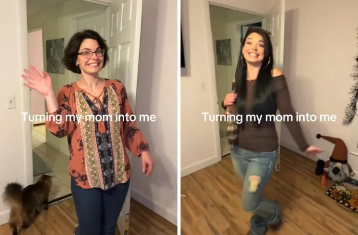 A side-by-side mother makeover comparison showing a woman before and after turning her mom into her style.