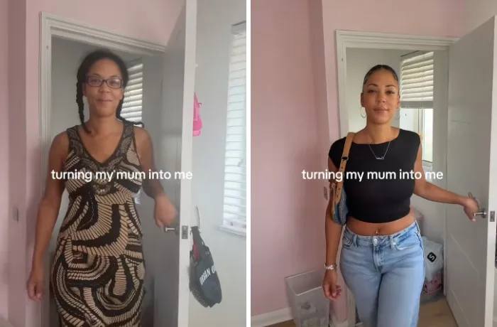 Side-by-side mother makeovers before in a patterned dress and after in a trendy black crop top and jeans.