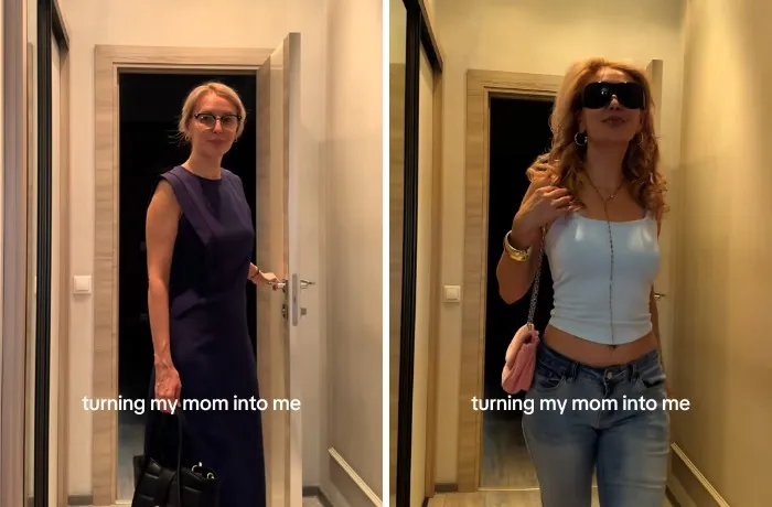 Mother makeovers showing before in a long purple dress and after in a trendy white tank and jeans.
