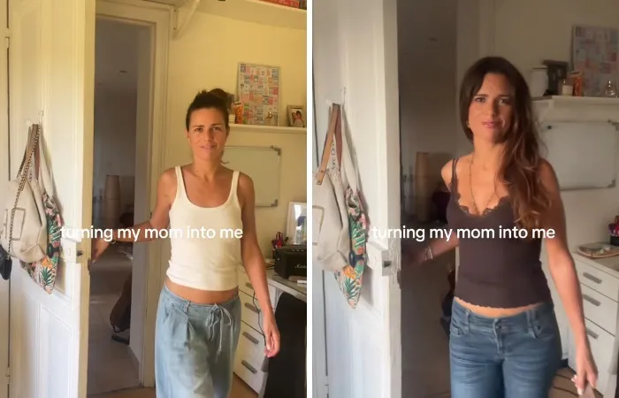 Before and after mother makeovers side-by-side featuring a mom in a white tank top then a fitted brown camisole