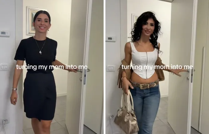Stylish mother makeovers side-by-side showing a mom in a modest black dress transitioned into trendy jeans and crop top