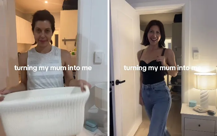 Before and after mother makeovers comparison with a woman in a casual white tank top and then a sleek black bodysuit