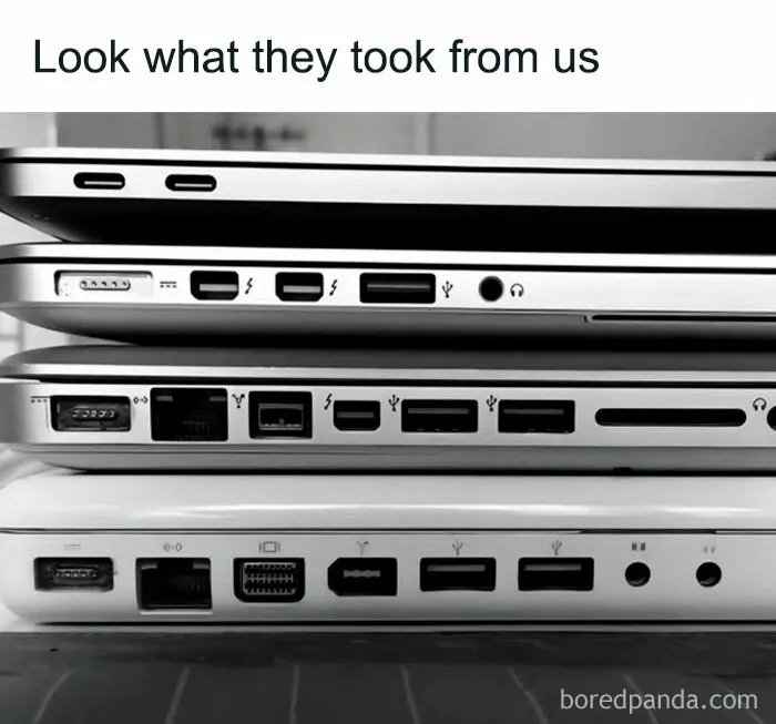 Comparison of laptop sides showing removed ports over time highlighting corporate design changes
