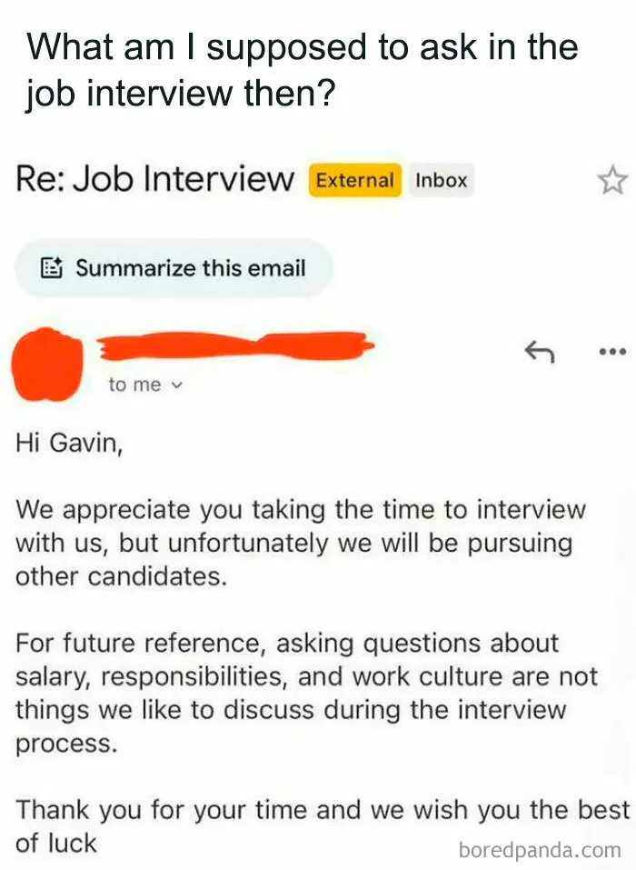 Email stating job interview rejection with discouraging interview question policy