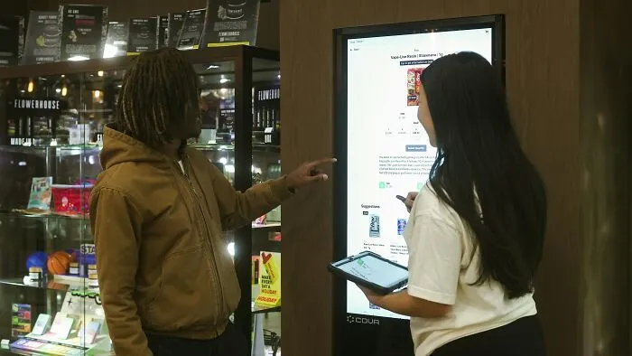 A man pointing at an interactive ordering screen while standing in a store with tiny communities drama