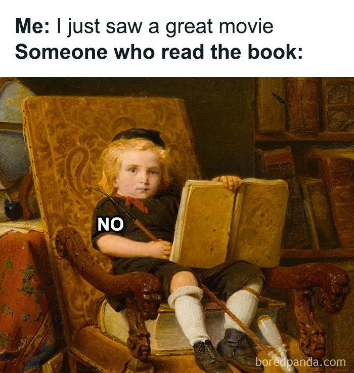 Classical art meme showing a child holding an open book looking judgmental with the word no.