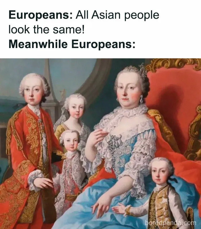Classical art memes showing a royal family portrait where everyone has the exact same face.