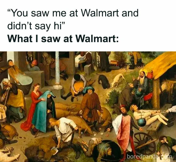 Chaotic medieval painting depicting a busy market, used in classical art memes.