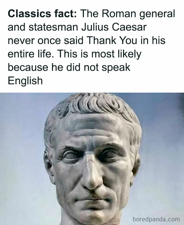 Julius Caesar statue with funny caption representing history and classical art memes