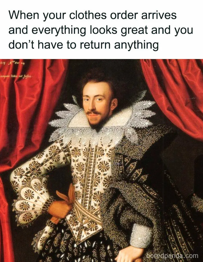 An elegant classical art meme featuring a portrait of a nobleman in fine, detailed clothing