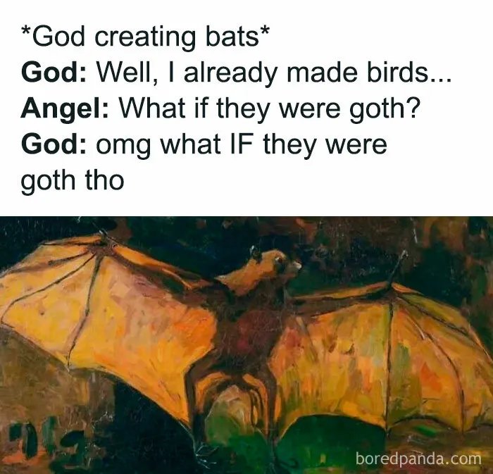 An oil painting of a bat depicting goth birds from classical art memes