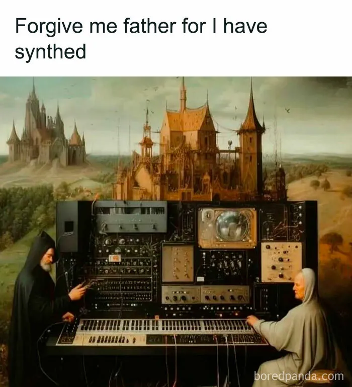 Monks playing a synthesizer in front of a castle representing history and classical art memes