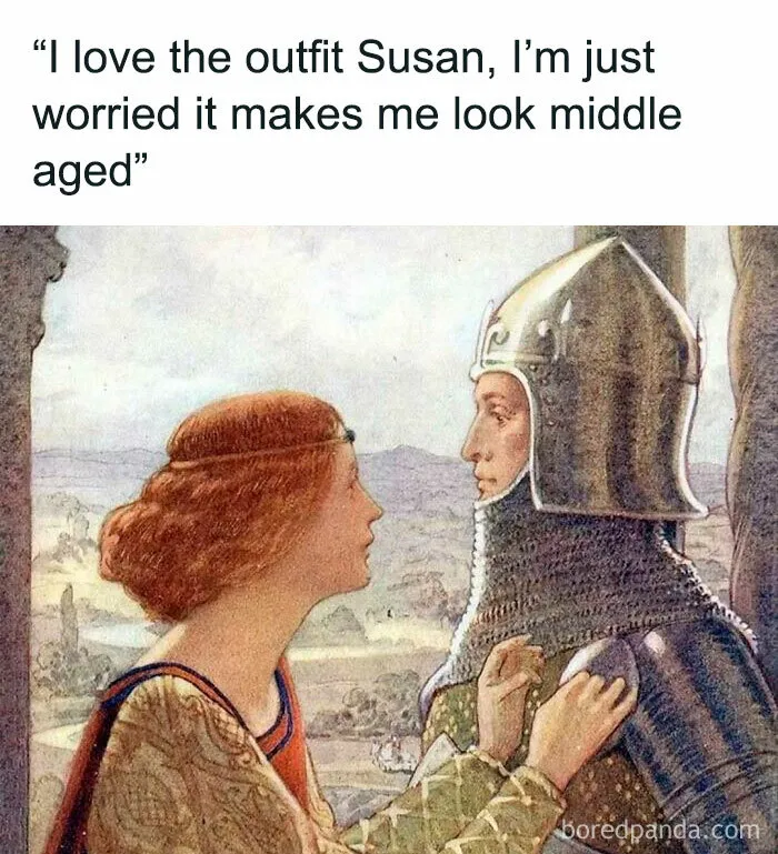 Medieval painting of a lady and a knight with classical art memes caption about looking middle aged.