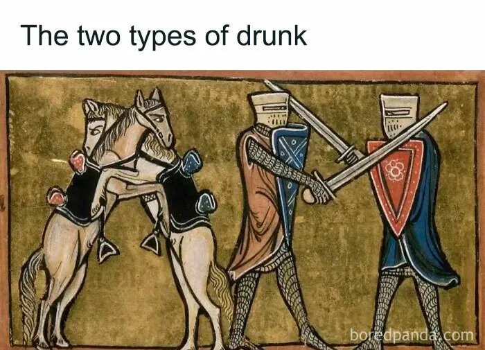 Medieval knights fighting and horses hugging in a classical art memes illustration