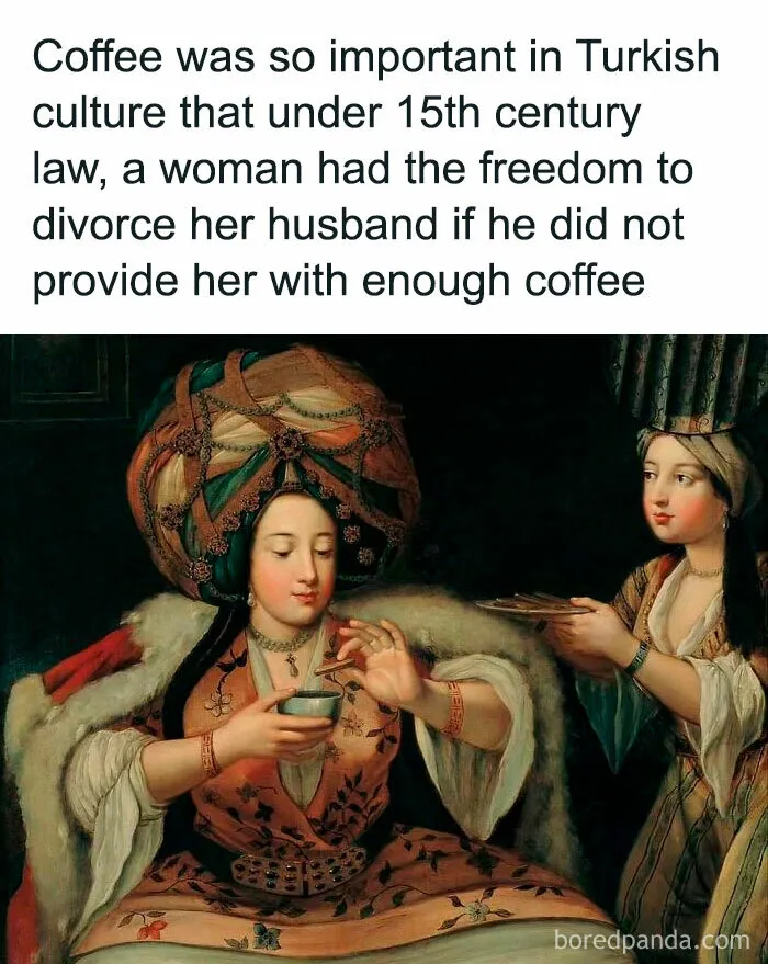 Two Turkish women in traditional dress preparing coffee in a history meme about coffee divorce laws