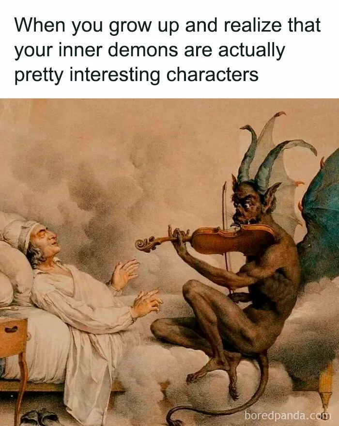 A classical art meme depicting a devil-like creature playing the violin beside a sleeping man
