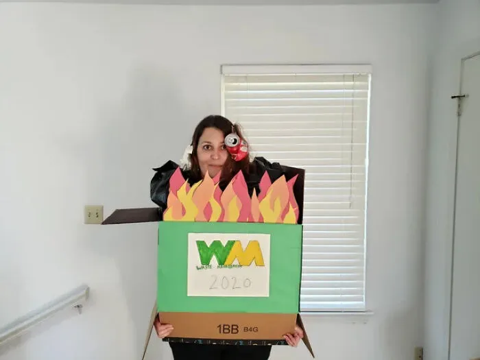 A creative homemade dumpster fire 2020 Halloween costume idea.
