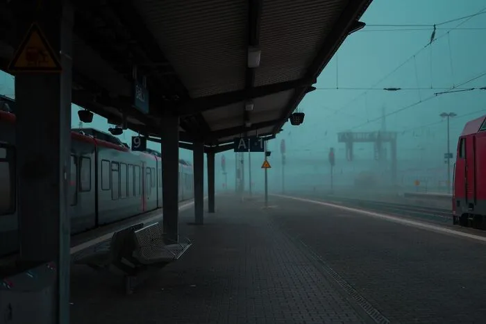 Foggy and deserted train station platform at dusk, giving off chilling spooky things feelings.
