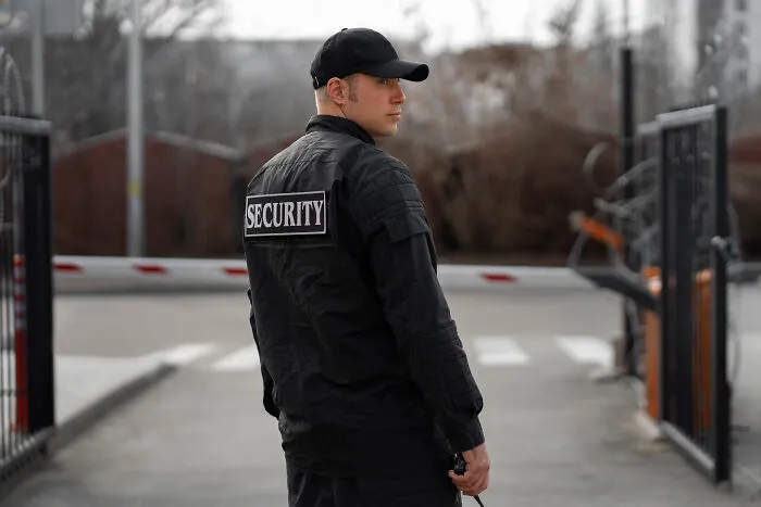 A security guard looking over his shoulder, showing spooky things witnessed on duty.