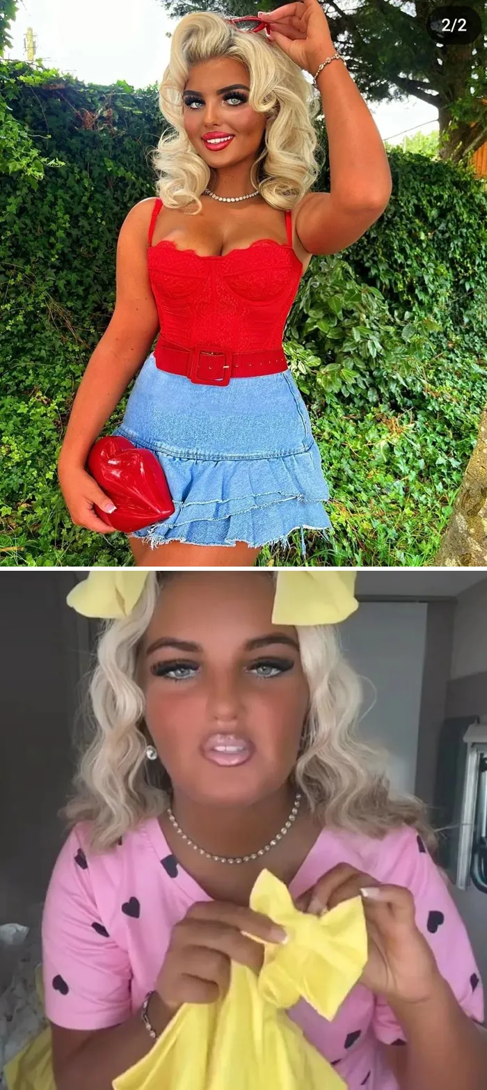 Edited photos of people with unnatural facial features and body enhancements outdoors and indoors