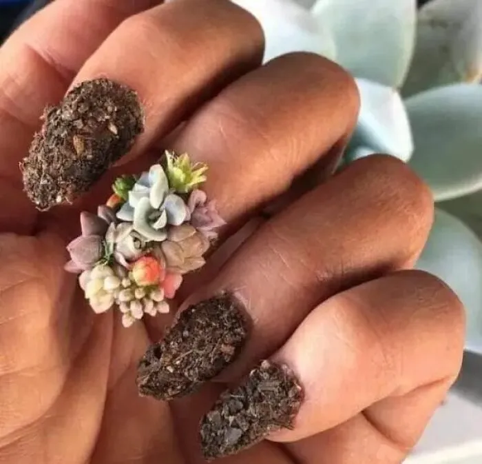 Fingers with soil-textured nails and small succulent plants growing on one nail