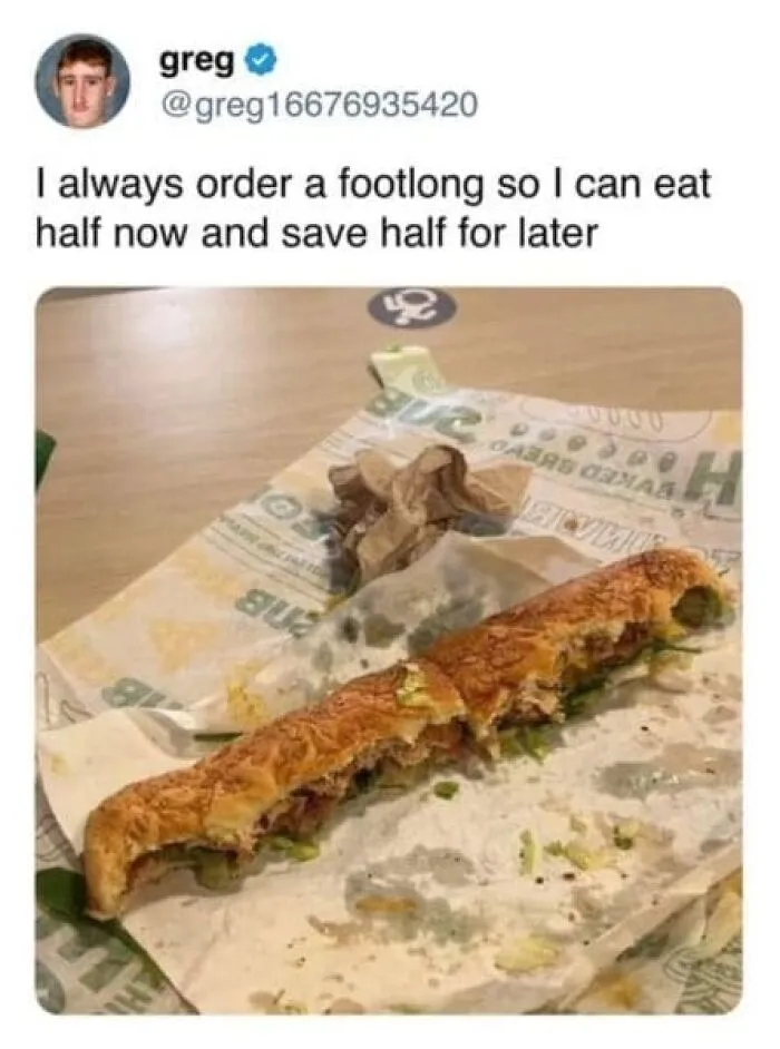 Social media post showing half-eaten footlong sandwich with humorous caption
