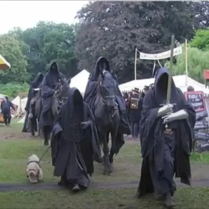 Group of hooded figures in black robes at outdoor cosplay event