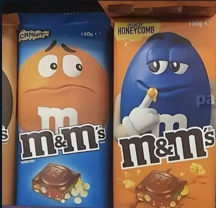 M&Ms packaging shows characters with confused expressions in cursed images
