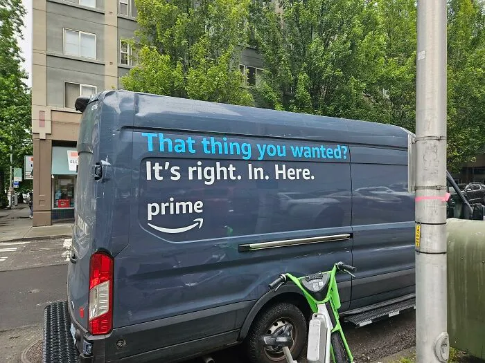 Amazon Prime delivery van with creepy text, an example of advertising fails in marketing.