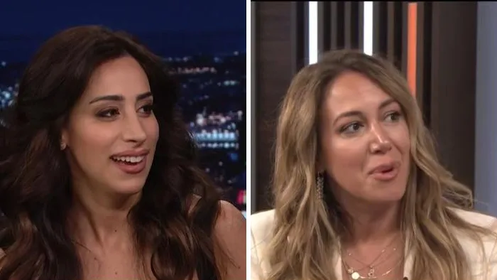 A split screen showcasing celebrity lookalikes with long wavy hair smiling on different talk shows.