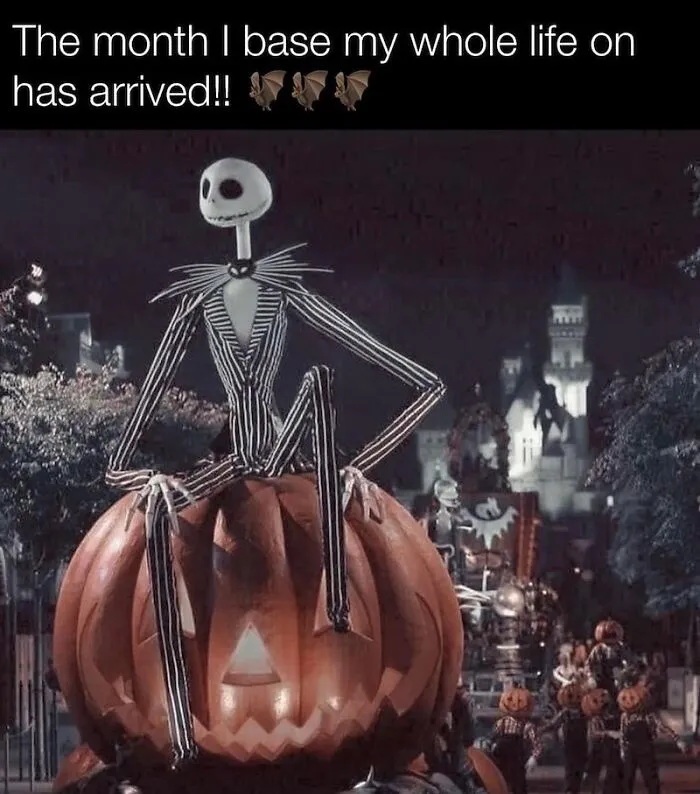 Jack Skellington sitting on a giant pumpkin in a Halloween meme about spooky season