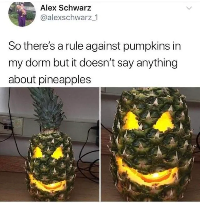 Pineapple carved into a jack-o-lantern featured in creative Halloween memes