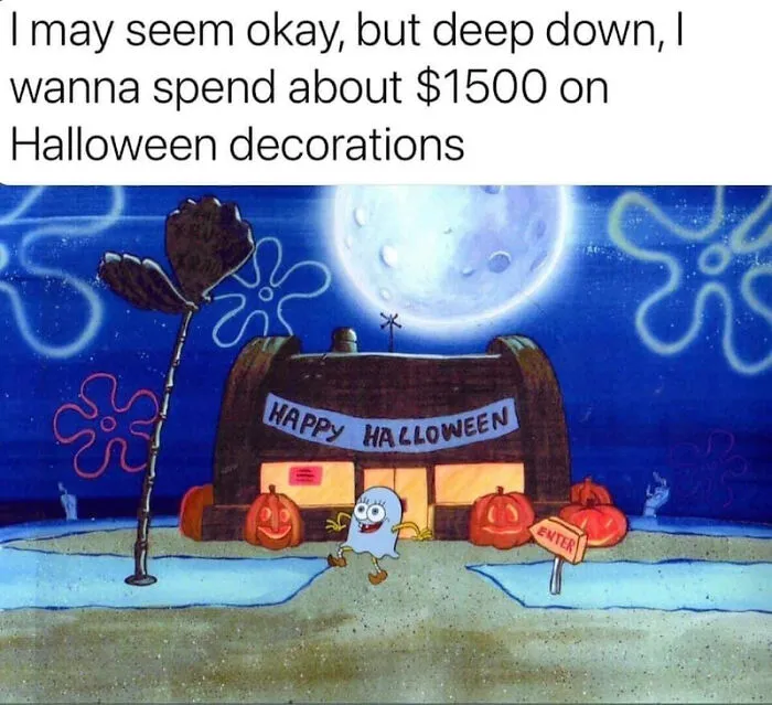 Funny Halloween meme featuring Spongebob dressed as a ghost outside the Krusty Krab decorated for spooky season.