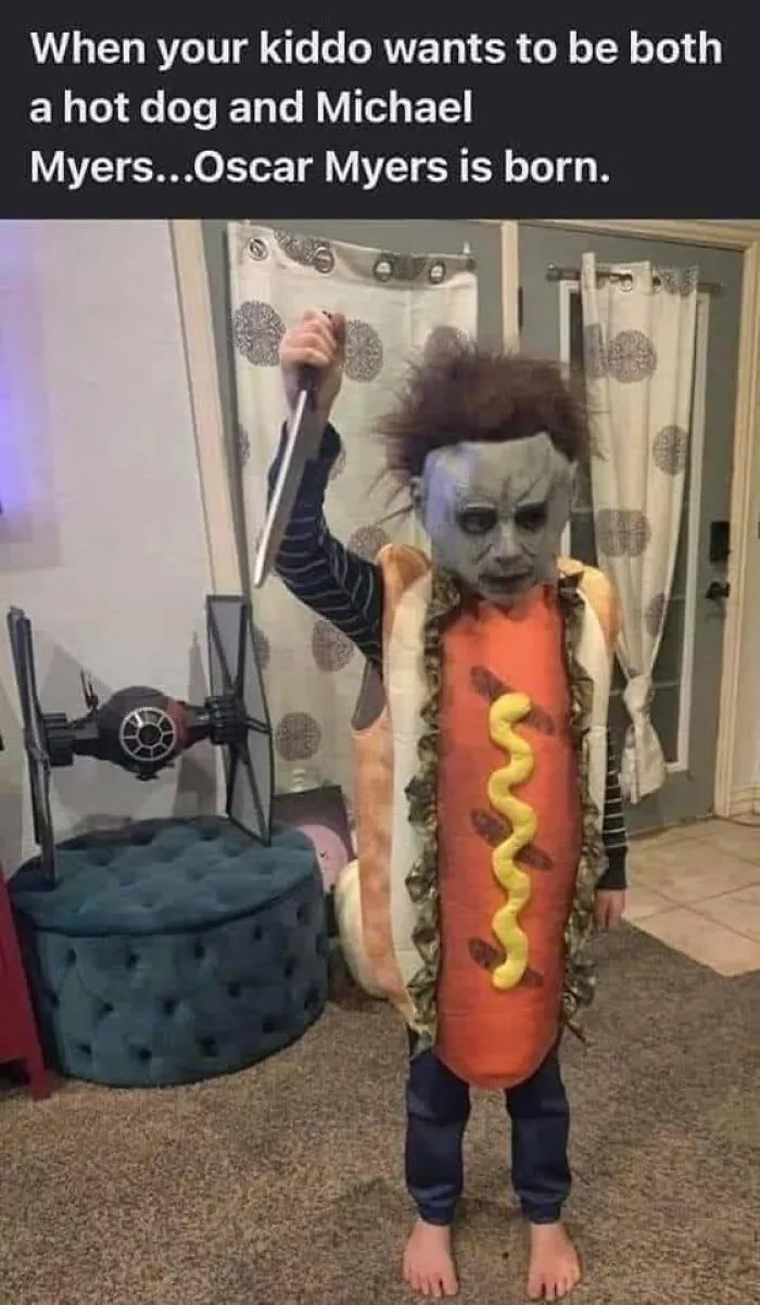 Hilarious Halloween memes featuring a child dressed up in a funny hot dog and Michael Myers costume combination.