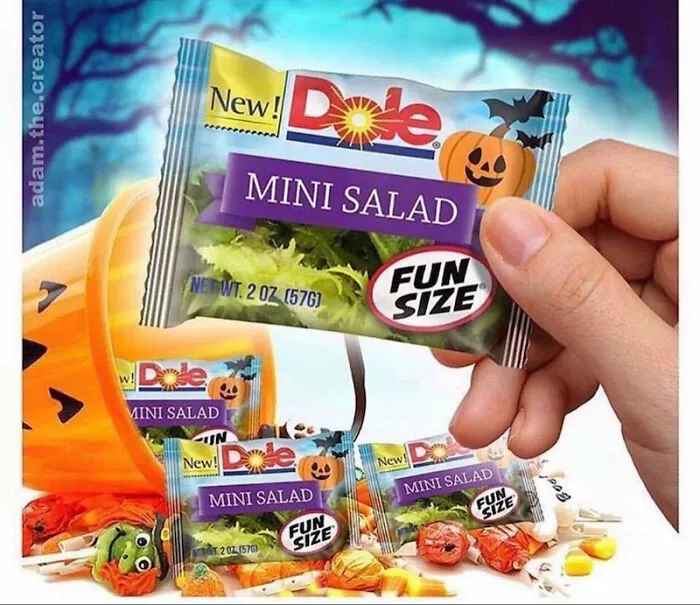 Funny Halloween memes featuring a fake Dole fun size mini salad package for trick or treating.