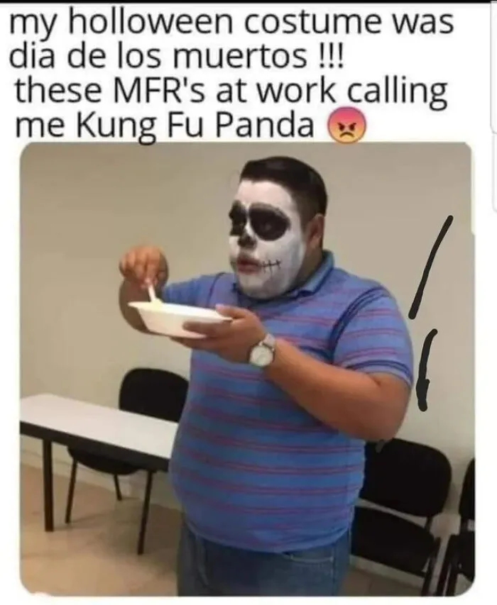Humorous Halloween memes showing a man in skeleton face paint eating salad in a office room.