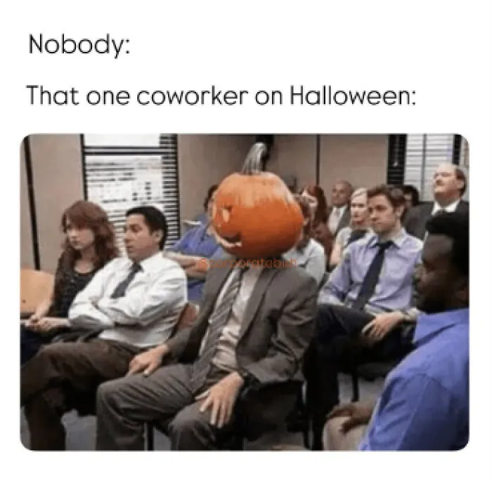 Funny Halloween meme featuring an office worker wearing a pumpkin head in a meeting room