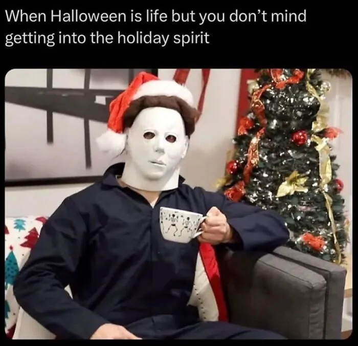 Halloween memes showing Michael Myers wearing a Santa hat and drinking coffee
