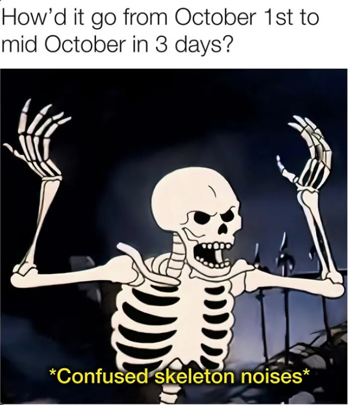 Animated skeleton throwing hands up in confusion for a relatable Halloween meme about October passing fast.