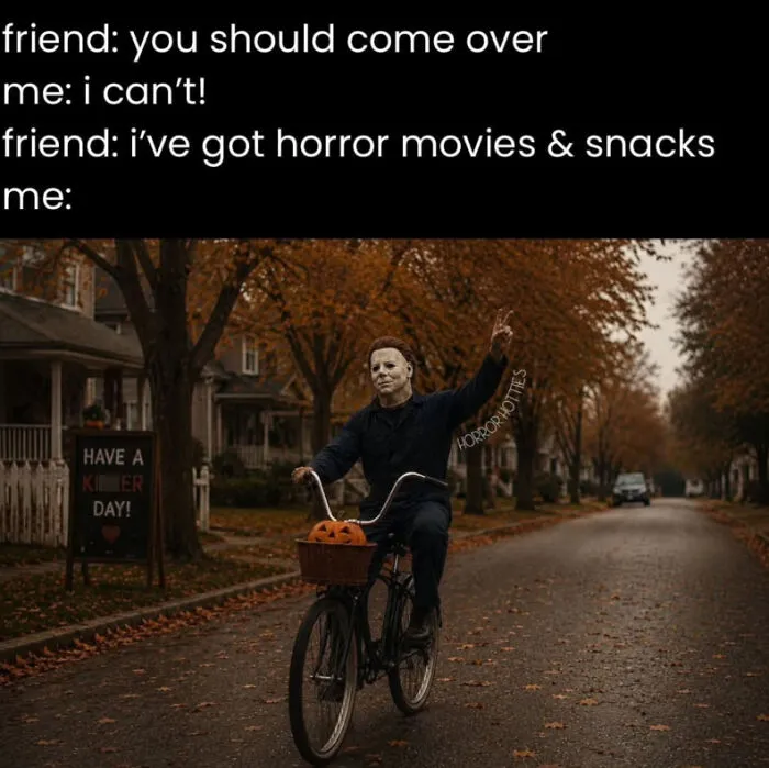 Halloween memes featuring Michael Myers riding a bicycle down a street