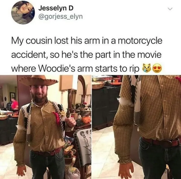 Humorous Halloween memes showing a guy in a Woody costume with a ripped arm