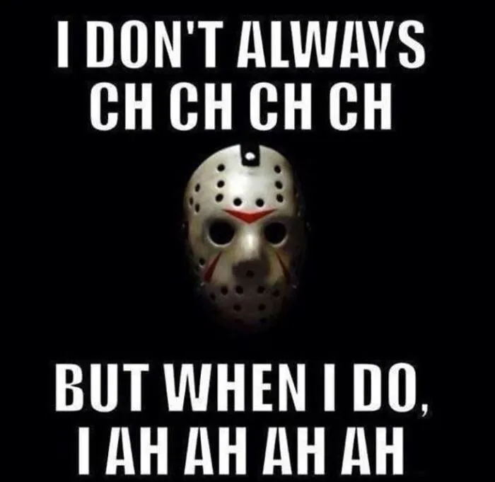 Jason Voorhees mask image displaying classic horror sound effects in Halloween memes.