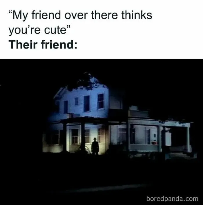 Spooky movie scene of a shadowy figure outside a house in Halloween memes style