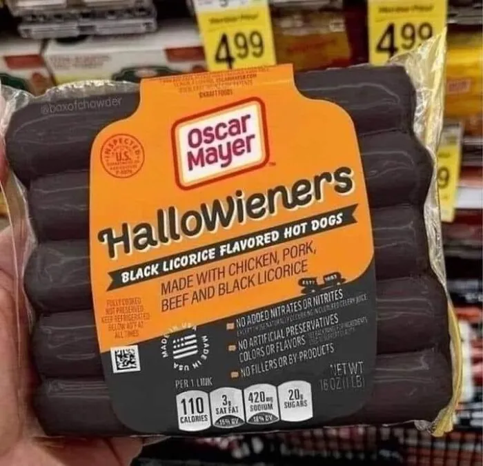 Package of black licorice flavored hot dogs in Halloween memes post