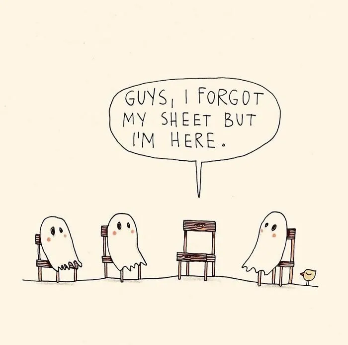 Cute Halloween illustration of ghosts sitting on chairs for a funny Halloween meme