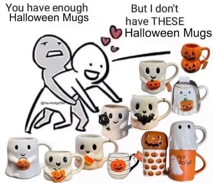 Cute Halloween memes featuring line art figures reaching for pumpkin and ghost mugs