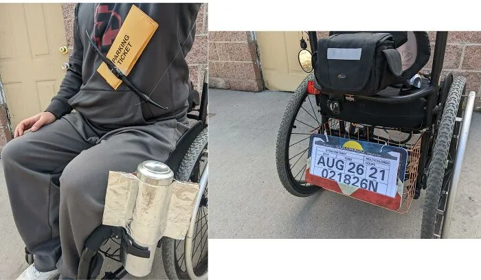 Person in a wheelchair decorated with funny parking ticket and license plate details for people with disabilities Halloween