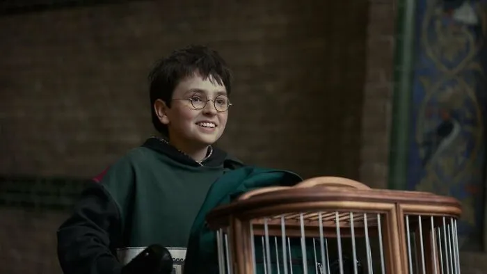 A boy wearing round glasses holding a birdcage, illustrating wild stories.