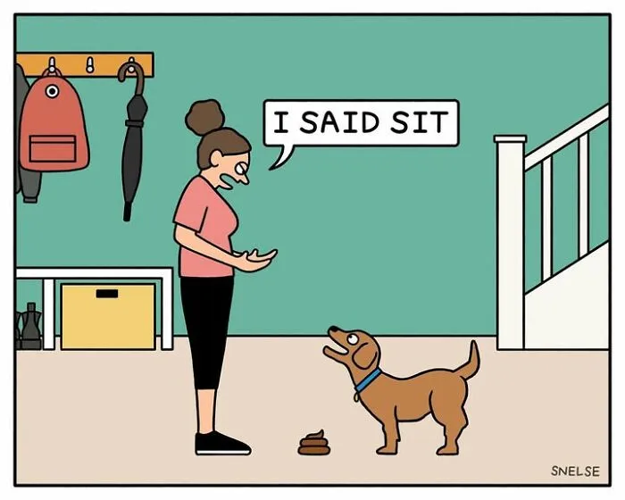 Funny comics featuring dogs being dogs: A dog owner yells I said sit as her dog stands next to fresh poop.