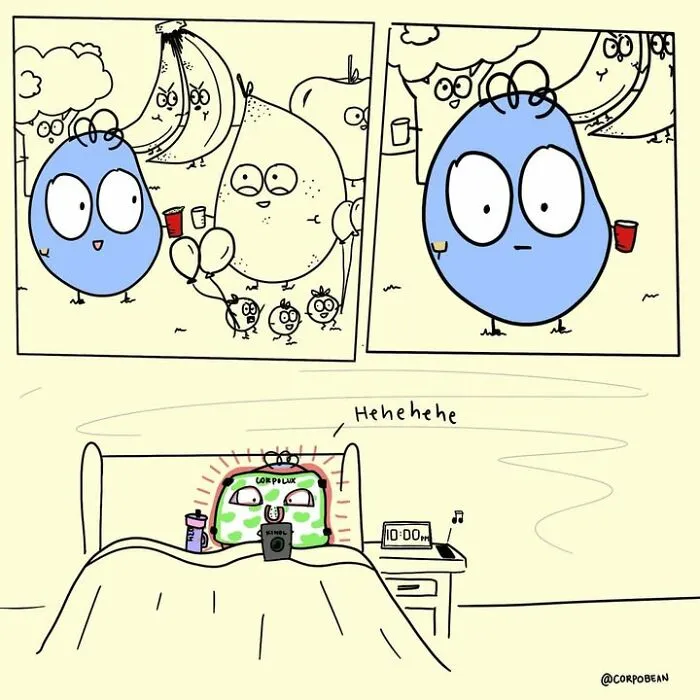 A blue bean character at a party and reading in bed, illustrating relatable everyday work struggles by Corpo Bean